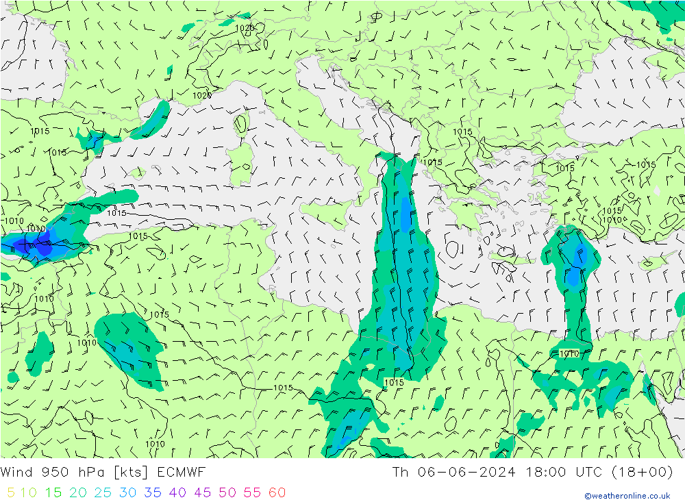 Wind 950 hPa ECMWF Čt 06.06.2024 18 UTC