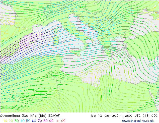 Streamlines 300 hPa ECMWF Mo 10.06.2024 12 UTC