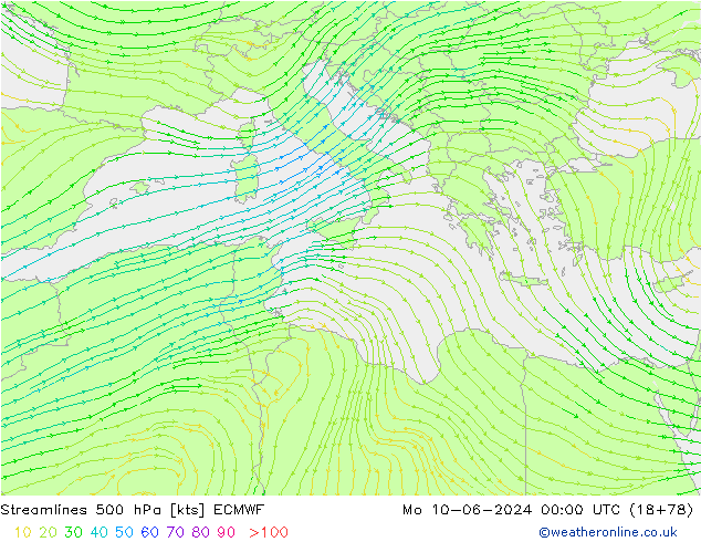 Linia prądu 500 hPa ECMWF pon. 10.06.2024 00 UTC