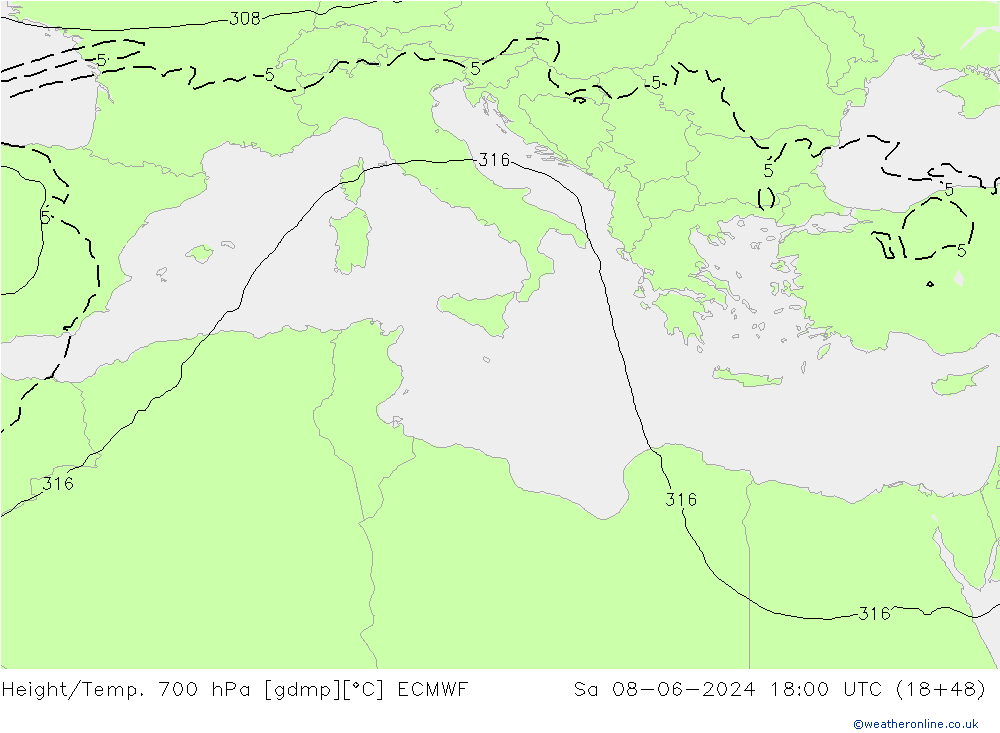 Yükseklik/Sıc. 700 hPa ECMWF Cts 08.06.2024 18 UTC