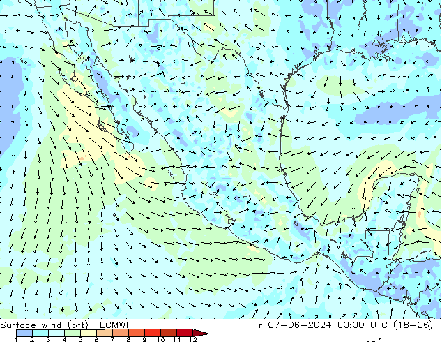 wiatr 10 m (bft) ECMWF pt. 07.06.2024 00 UTC