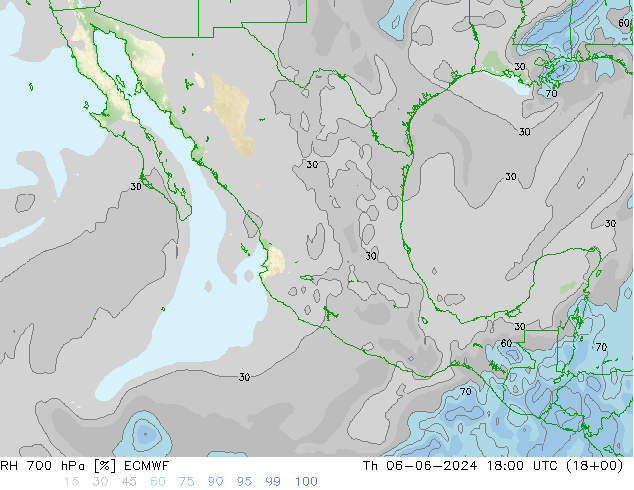 RH 700 hPa ECMWF Th 06.06.2024 18 UTC