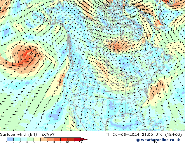 Bodenwind (bft) ECMWF Do 06.06.2024 21 UTC