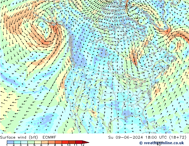 wiatr 10 m (bft) ECMWF nie. 09.06.2024 18 UTC