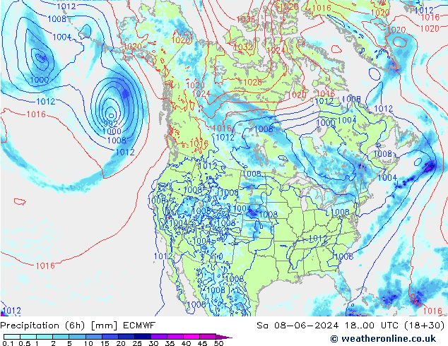 Z500/Rain (+SLP)/Z850 ECMWF сб 08.06.2024 00 UTC