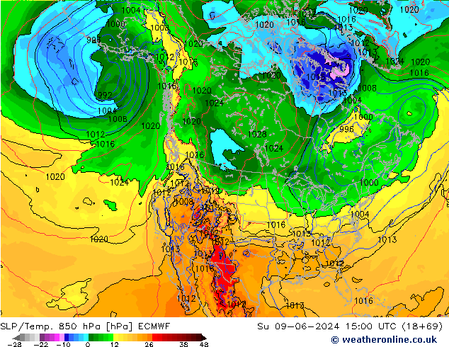 SLP/Temp. 850 hPa ECMWF dom 09.06.2024 15 UTC