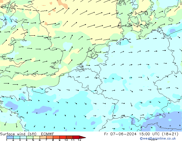 Bodenwind (bft) ECMWF Fr 07.06.2024 15 UTC