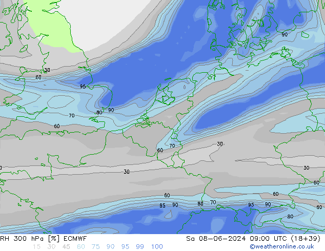 RH 300 hPa ECMWF Sa 08.06.2024 09 UTC