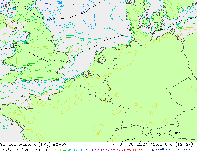 Isotachen (km/h) ECMWF Fr 07.06.2024 18 UTC