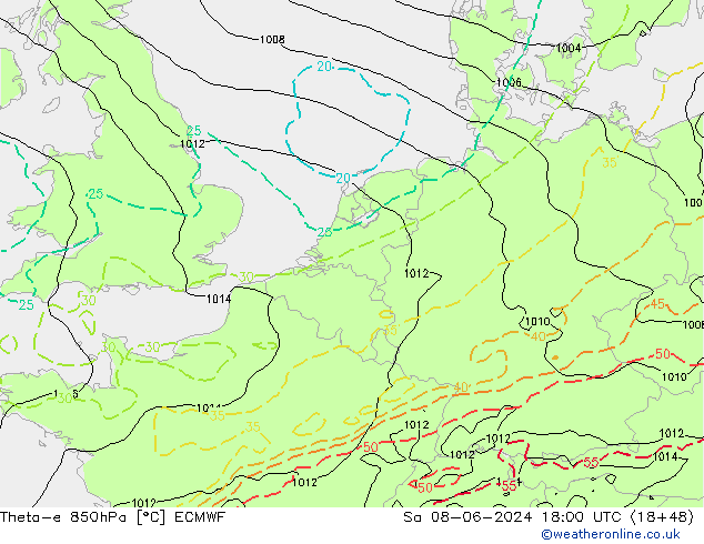 Theta-e 850hPa ECMWF Cts 08.06.2024 18 UTC