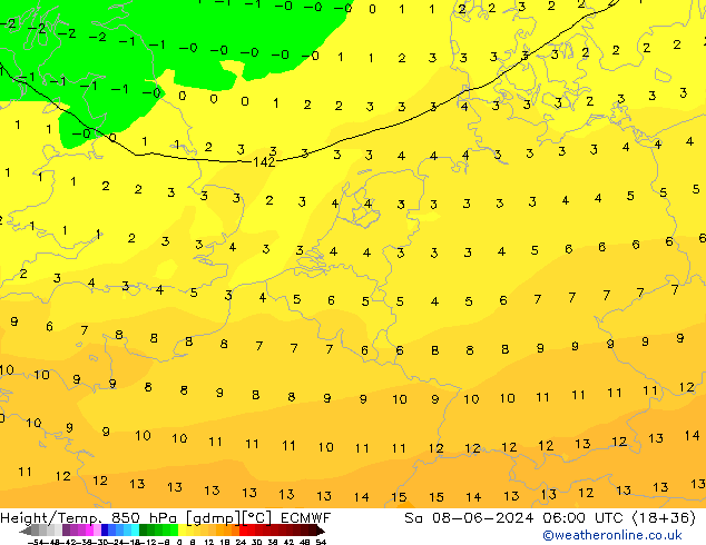 Height/Temp. 850 hPa ECMWF So 08.06.2024 06 UTC