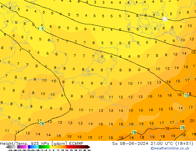 Height/Temp. 925 hPa ECMWF so. 08.06.2024 21 UTC