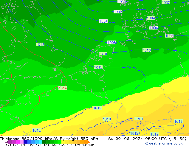 Schichtdicke 850-1000 hPa ECMWF So 09.06.2024 06 UTC