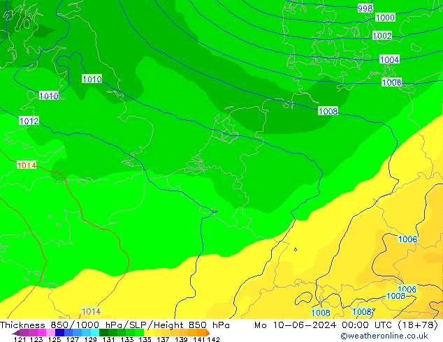 Dikte 850-1000 hPa ECMWF ma 10.06.2024 00 UTC