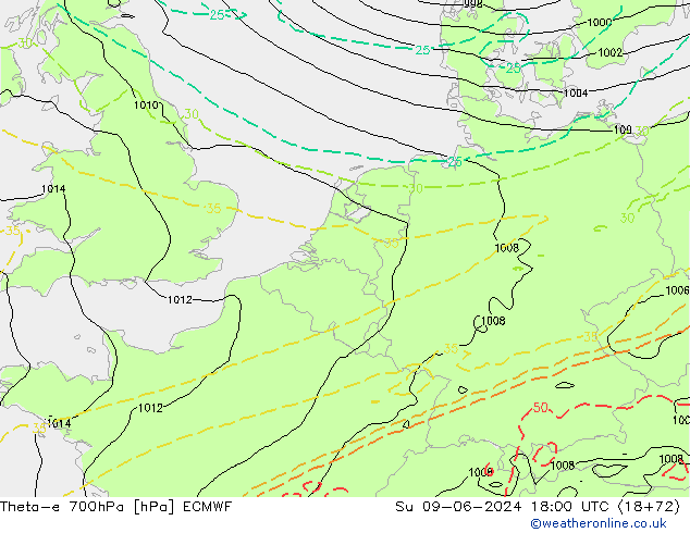 Theta-e 700hPa ECMWF zo 09.06.2024 18 UTC