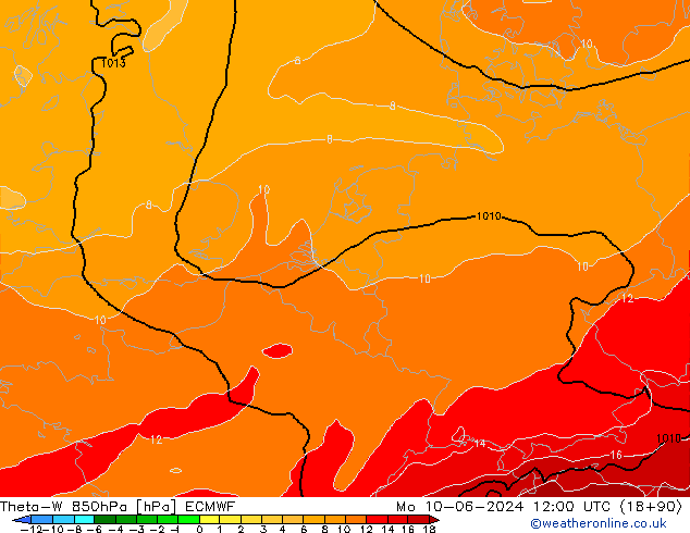 Theta-W 850hPa ECMWF pon. 10.06.2024 12 UTC