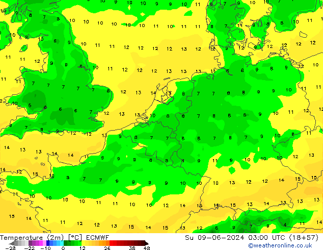 Sıcaklık Haritası (2m) ECMWF Paz 09.06.2024 03 UTC