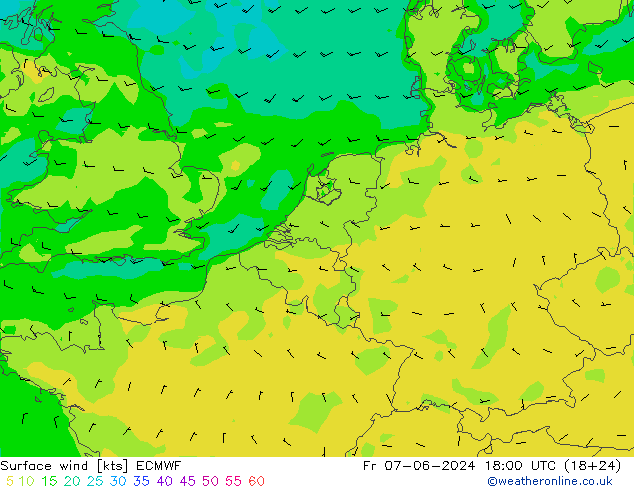 Vento 10 m ECMWF ven 07.06.2024 18 UTC