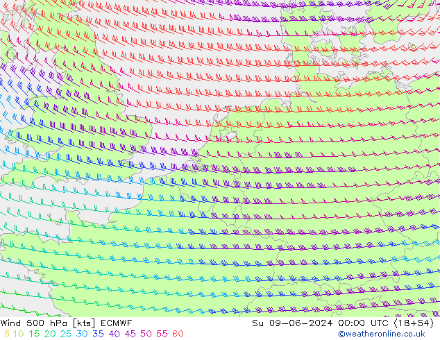 Vento 500 hPa ECMWF Dom 09.06.2024 00 UTC