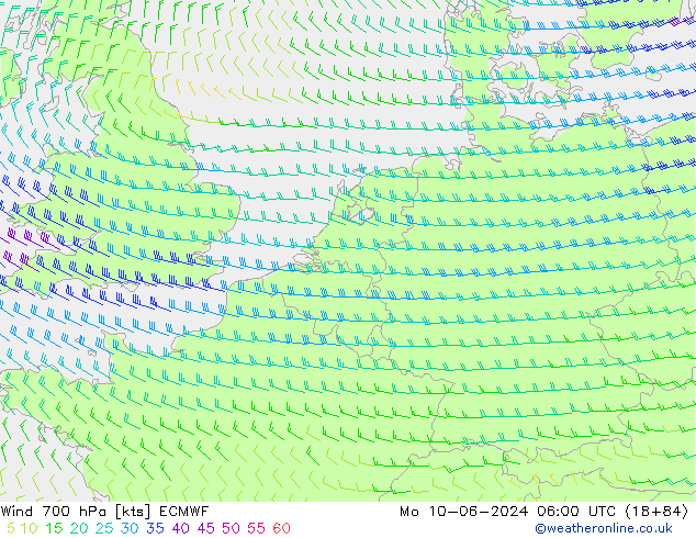 Wind 700 hPa ECMWF Po 10.06.2024 06 UTC