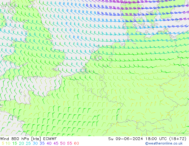 Wind 850 hPa ECMWF zo 09.06.2024 18 UTC