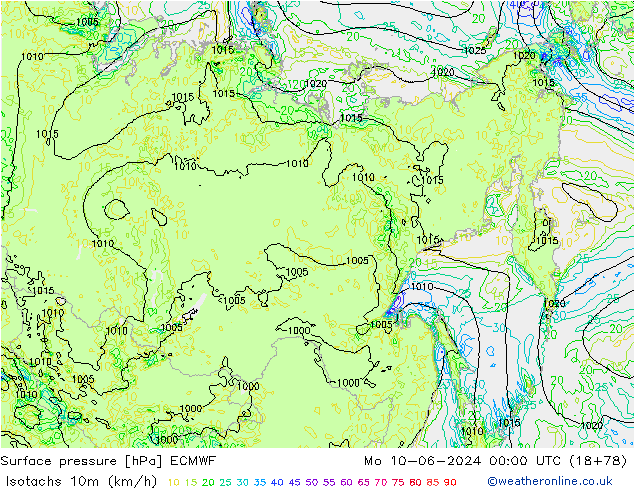 Isotachs (kph) ECMWF Mo 10.06.2024 00 UTC