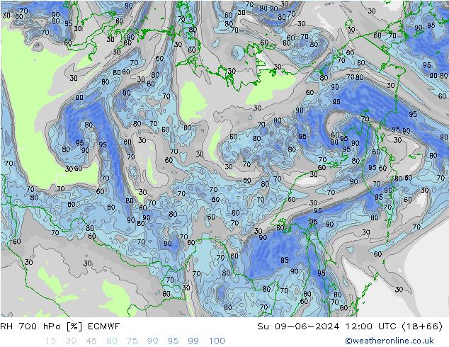 Humidité rel. 700 hPa ECMWF dim 09.06.2024 12 UTC