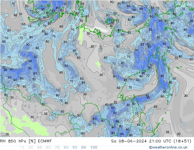 RH 850 hPa ECMWF Sa 08.06.2024 21 UTC