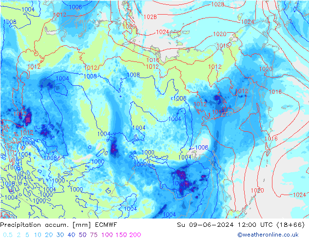 Precipitation accum. ECMWF Su 09.06.2024 12 UTC
