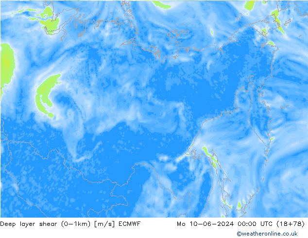 Deep layer shear (0-1km) ECMWF Mo 10.06.2024 00 UTC