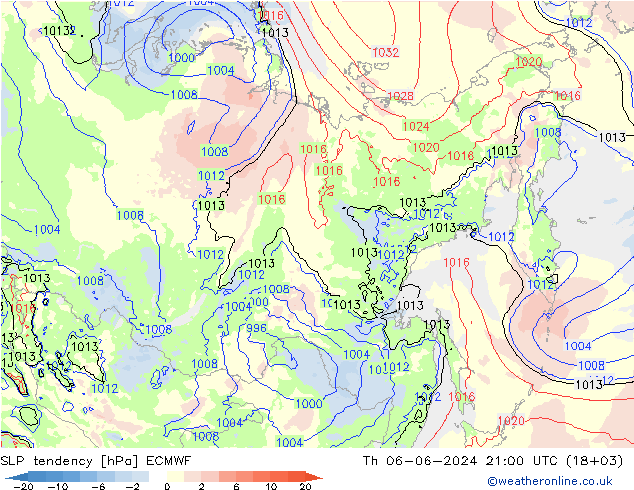 Druktendens (+/-) ECMWF do 06.06.2024 21 UTC