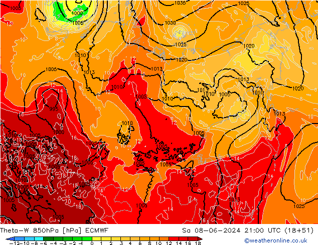 Theta-W 850hPa ECMWF so. 08.06.2024 21 UTC