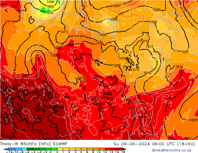 Theta-W 850hPa ECMWF Su 09.06.2024 06 UTC