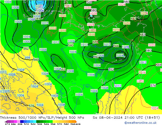 Schichtdicke 500-1000 hPa ECMWF Sa 08.06.2024 21 UTC