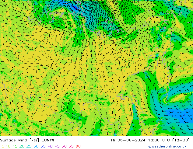 Surface wind ECMWF Čt 06.06.2024 18 UTC