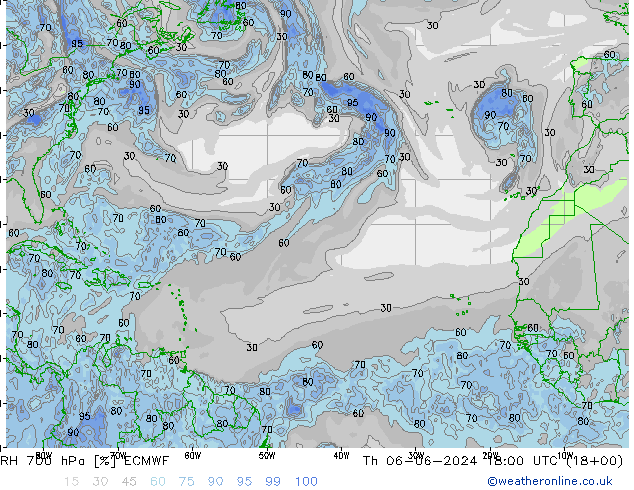 RH 700 hPa ECMWF Th 06.06.2024 18 UTC