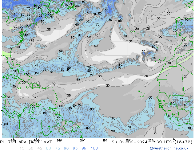 RH 700 hPa ECMWF  09.06.2024 18 UTC