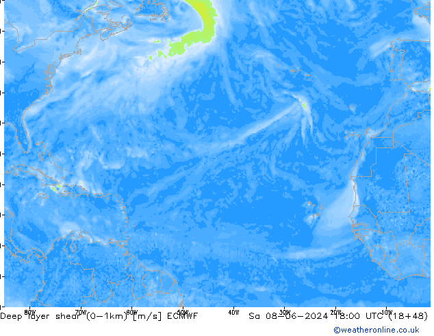 Deep layer shear (0-1km) ECMWF Sa 08.06.2024 18 UTC