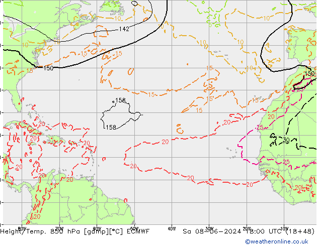 Height/Temp. 850 hPa ECMWF Sa 08.06.2024 18 UTC