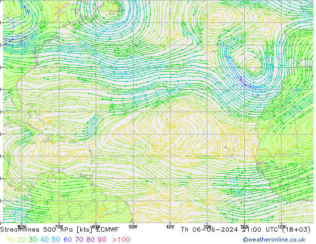 Linia prądu 500 hPa ECMWF czw. 06.06.2024 21 UTC