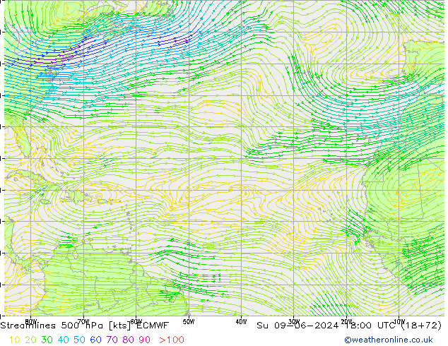 Linea di flusso 500 hPa ECMWF dom 09.06.2024 18 UTC