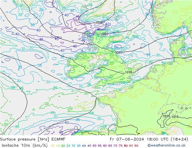 Isotachs (kph) ECMWF ven 07.06.2024 18 UTC