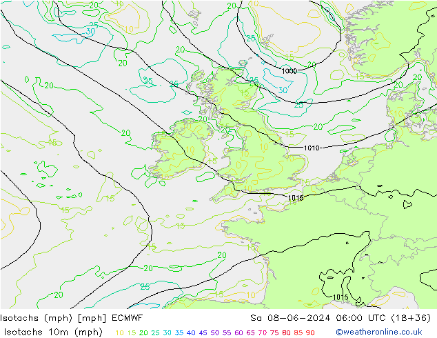 Isotachen (mph) ECMWF za 08.06.2024 06 UTC