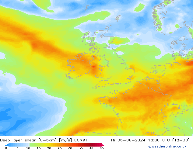 Deep layer shear (0-6km) ECMWF чт 06.06.2024 18 UTC