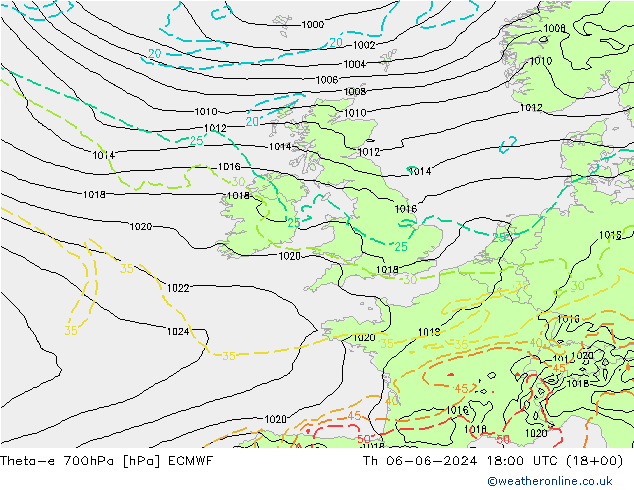 Theta-e 700hPa ECMWF jue 06.06.2024 18 UTC