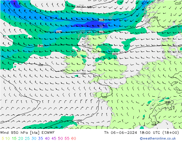 Wind 950 hPa ECMWF Th 06.06.2024 18 UTC