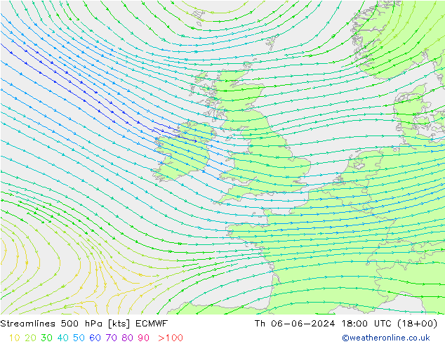 Streamlines 500 hPa ECMWF Čt 06.06.2024 18 UTC