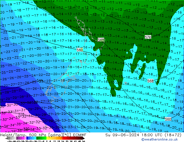 Z500/Rain (+SLP)/Z850 ECMWF Su 09.06.2024 18 UTC