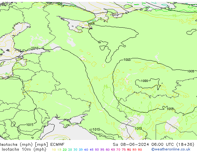 Isotachs (mph) ECMWF сб 08.06.2024 06 UTC