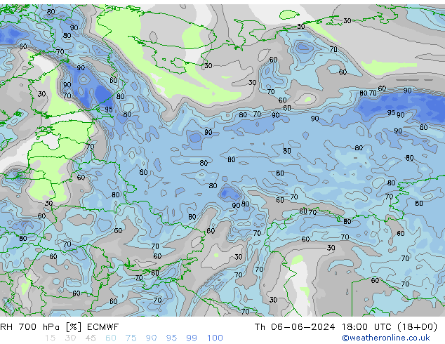 RH 700 hPa ECMWF Th 06.06.2024 18 UTC